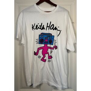 Keith Haring Mr Boombox Graphic T-Shirt White Mens XL Pop Art Streetwear Cotton